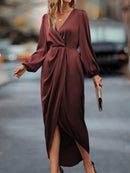 Cross-Border Amazon Women's New Slit Dress Spring and Summer Lantern Sleeve Asymmetrical Long-Sleeved Satin Dress