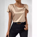 2026 European and American Foreign Trade Cross-Border Supply Summer Satin Short-Sleeve Top with Satin Twist, Solid Color, Loose Fit, Versatile Women's Top