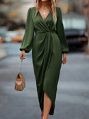 Cross-Border Amazon Women's New Slit Dress Spring and Summer Lantern Sleeve Asymmetrical Long-Sleeved Satin Dress