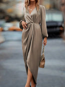 Cross-Border Amazon Women's New Slit Dress Spring and Summer Lantern Sleeve Asymmetrical Long-Sleeved Satin Dress