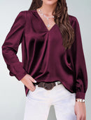2026 Amazon Hot-Selling Women's Clothing Satin Pleated Long-Sleeve Top V-Neck Casual Loose Satin Commuter Shirt