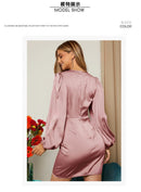 Cross V Neck Dress Satin Long-Sleeved Dress Amazon Cross-Border Lady Style Slim Fit Women's Clothing