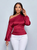 Amazon Cross-Border European and American New Women's Satin Shirt Spring and Summer Asymmetrical Long-Sleeved Slope Collar Shirt Top