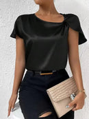 2026 European and American Foreign Trade Cross-Border Supply Summer Satin Short-Sleeve Top with Satin Twist, Solid Color, Loose Fit, Versatile Women's Top