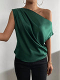 2026 Spring Solid Color Satin Imitation Silk Irregular Off-Shoulder One-Neck Pullover Sleeveless Shirt for Women European and American Fashion