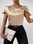 2026 European and American Foreign Trade Cross-Border Supply Summer Satin Short-Sleeve Top with Satin Twist, Solid Color, Loose Fit, Versatile Women's Top