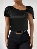2026 European and American Foreign Trade Cross-Border Supply Summer Satin Short-Sleeve Top with Satin Twist, Solid Color, Loose Fit, Versatile Women's Top