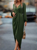 Cross-Border Amazon Women's New Slit Dress Spring and Summer Lantern Sleeve Asymmetrical Long-Sleeved Satin Dress