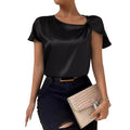2026 European and American Foreign Trade Cross-Border Supply Summer Satin Short-Sleeve Top with Satin Twist, Solid Color, Loose Fit, Versatile Women's Top