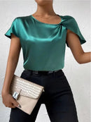 2026 European and American Foreign Trade Cross-Border Supply Summer Satin Short-Sleeve Top with Satin Twist, Solid Color, Loose Fit, Versatile Women's Top