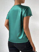 2026 European and American Foreign Trade Cross-Border Supply Summer Satin Short-Sleeve Top with Satin Twist, Solid Color, Loose Fit, Versatile Women's Top