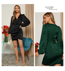 Cross V Neck Dress Satin Long-Sleeved Dress Amazon Cross-Border Lady Style Slim Fit Women's Clothing