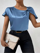 2026 European and American Foreign Trade Cross-Border Supply Summer Satin Short-Sleeve Top with Satin Twist, Solid Color, Loose Fit, Versatile Women's Top