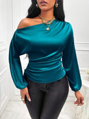 Amazon Cross-Border European and American New Women's Satin Shirt Spring and Summer Asymmetrical Long-Sleeved Slope Collar Shirt Top