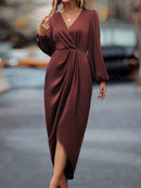 Cross-Border Amazon Women's New Slit Dress Spring and Summer Lantern Sleeve Asymmetrical Long-Sleeved Satin Dress