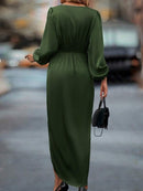 Cross-Border Amazon Women's New Slit Dress Spring and Summer Lantern Sleeve Asymmetrical Long-Sleeved Satin Dress