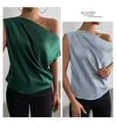 2026 Spring Solid Color Satin Imitation Silk Irregular Off-Shoulder One-Neck Pullover Sleeveless Shirt for Women European and American Fashion
