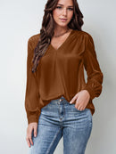 2026 Amazon Hot-Selling Women's Clothing Satin Pleated Long-Sleeve Top V-Neck Casual Loose Satin Commuter Shirt