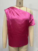 2026 Spring Solid Color Satin Imitation Silk Irregular Off-Shoulder One-Neck Pullover Sleeveless Shirt for Women European and American Fashion