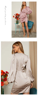 Cross V Neck Dress Satin Long-Sleeved Dress Amazon Cross-Border Lady Style Slim Fit Women's Clothing