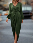 Cross-Border Amazon Women's New Slit Dress Spring and Summer Lantern Sleeve Asymmetrical Long-Sleeved Satin Dress