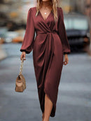 Cross-Border Amazon Women's New Slit Dress Spring and Summer Lantern Sleeve Asymmetrical Long-Sleeved Satin Dress