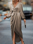 Cross-Border Amazon Women's New Slit Dress Spring and Summer Lantern Sleeve Asymmetrical Long-Sleeved Satin Dress