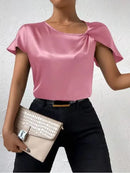 2026 European and American Foreign Trade Cross-Border Supply Summer Satin Short-Sleeve Top with Satin Twist, Solid Color, Loose Fit, Versatile Women's Top