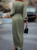 Cross-Border Amazon Women's New Slit Dress Spring and Summer Lantern Sleeve Asymmetrical Long-Sleeved Satin Dress