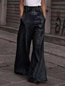 Calças Femininas Atacado: Calças de Couro PU Pretas de Cintura Alta com Perna Larga para Mulheres - Moda Casual Solta Estilo Streetwear