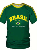 Camiseta Masculina Estampada com a Bandeira do Brasil 2026, Gola Redonda, Manga Curta, Estilo Retrô Casual, Oversized, Malha Solta
