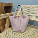 Bolsa de couro de vaca de camada superior, estilo europeu, bolsa tipo balde, cesta de vegetais frescos, bolsa fena com al...
