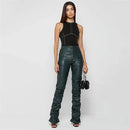 Calças Femininas Atacado: Calças de Couro PU Pretas de Cintura Alta com Perna Larga para Mulheres - Moda Casual Solta Estilo Streetwear