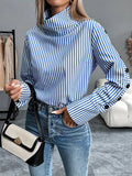 Camisa de primavera nova listra manga comprida topo para mulher elegante senhora do escritório emendado   botões Pulôver Mulher Blusa 2025 Blusas