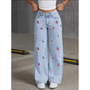 Mulheres jeans bordado cintura alta angustiado bolsos lavados vintage até o chão calças 2025 denim calças de perna larga streetwear