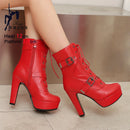 Plataforma botas curtas mulher outono e inverno 12cm salto alto cinto fivela tornozelo botas 2025 sola grossa sapatos de motocicleta tamanho 35-46