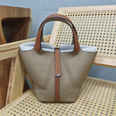Bolsa de couro de vaca de camada superior, estilo europeu, bolsa tipo balde, cesta de vegetais frescos, bolsa fena com al...