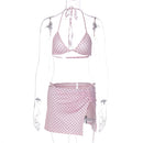 Maiô Feminino com Estampa de Poá Rosa, Conjunto de 3 Peças com Sutiãs e Saias Divididas, Moda Praia