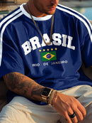 Camiseta Masculina Estampada com a Bandeira do Brasil 2026, Gola Redonda, Manga Curta, Estilo Retrô Casual, Oversized, Malha Solta