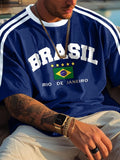 Camiseta Masculina Estampada com a Bandeira do Brasil 2026, Gola Redonda, Manga Curta, Estilo Retrô Casual, Oversized, Malha Solta