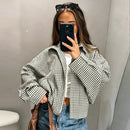 Jaquetas Femininas com Gola Alta e Zíper, Casaco Cropped Preto e Branco com Estampa Xadrez, Jaqueta Casual de Manga Longa com Corte Solto 2026
