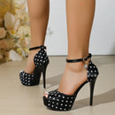 Novas Sandálias Femininas Vintage de Salto Alto Grosso de 12,5 CM com Tira no Tornozelo, Salto Fino, Peep-toe, Vazadas, para Banquete