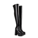 Botas acima do joelho de couro envernizado elástico para mulheres sexy t mostrar sapatos plataforma grossa botas mulher 15cm gótico coxa botas altas