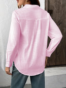 Camisa Feminina Casual de Algodão Puro com Pregas e Mangas Longas
