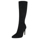 Botas de meia-panturrilha preta de camurça falsa de alta qualidade para mulheres, saltos finos, dedo apontado, zip, bombas de festa, sexy, moda primavera, tamanhos 35-43
