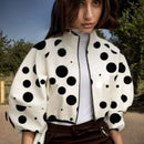 Moda impressão jaquetas para mulheres high street polka dot padrão lanterna manga zíper casaco curto casual gola alta jaqueta curta