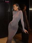 Estranho gato hipster vestido ruched feminino o-pescoço manga cheia magro estiramento robe outono tendência simples clássico pregas longo bodycon