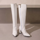 Botas de couro na altura do joelho com zíper para mulheres, sapatos pontiagudos, salto robusto, 9cm, inverno, ao ar livre, sexy, tamanho grande 44, 45, 46