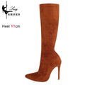 Botas de meia-panturrilha preta de camurça falsa de alta qualidade para mulheres, saltos finos, dedo apontado, zip, bombas de festa, sexy, moda primavera, tamanhos 35-43