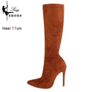 Botas de meia-panturrilha preta de camurça falsa de alta qualidade para mulheres, saltos finos, dedo apontado, zip, bombas de festa, sexy, moda primavera, tamanhos 35-43